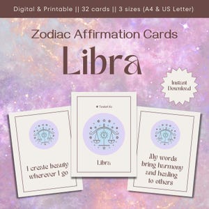 Cartas de Afirmação de Libra | Afirmações do Signo do Zodíaco | Conjunto de 32 Cartas de Afirmação Positiva Diária | Impressão de Astrologia | Download Instantâneo | Digital