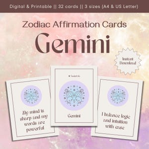 Tarjetas de afirmación de Géminis / Afirmaciones del signo del zodíaco / Juego de 32 tarjetas de afirmación positiva diaria / Impresión astrológica / Descarga instantánea / Digital