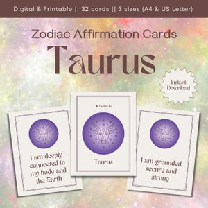 Tarjetas de afirmación de Tauro / Afirmaciones del signo del zodíaco / Juego de 32 tarjetas de afirmación positiva diaria / Impresión astrológica / Descarga instantánea / Digital