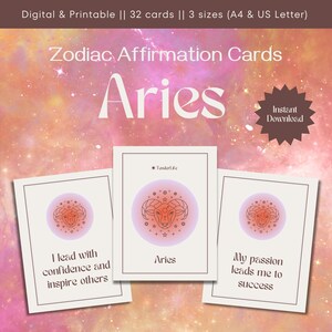 Tarjetas de afirmación de Aries / Afirmaciones del signo del zodíaco / Juego de 32 tarjetas de afirmación positiva diaria / Impresión astrológica / Descarga instantánea / Digital