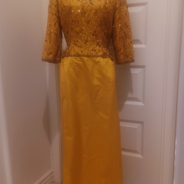 1960s Made in British Crown Colony Hong Kong Golden Yellow Satin with Heavily Beaded Bodice and Sleeves Formal Evening Dress