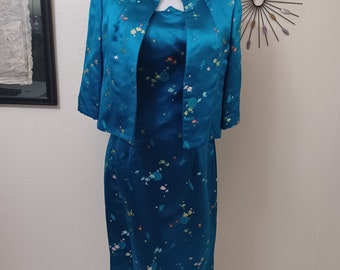 Vintage 60s/70s Asian Bright Blue Satin with Embossed Floral & Characters Mod Jacket/Matching Sheath Dress Set