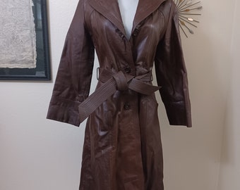 1970s Mod Brown Leather Sash Belted Hooded Trench Coat Sz XS/S