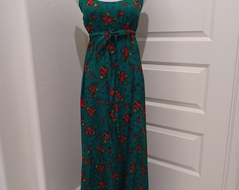 1970s SAKS FIFTH AVENUE Green/Red Floral Print Empire Sash Belted Mod Maxi Dress