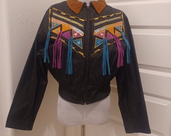 80s Pioneer Wear Black Denim Tan Suede Collar Painted/Patchwork/Fringed Zip Front Southwestern Jacket Sz 10