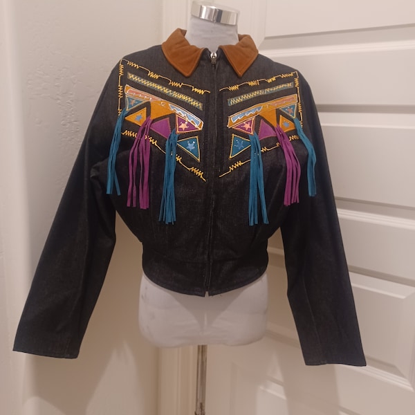 80s Pioneer Wear Black Denim Tan Suede Collar Painted/Patchwork/Fringed Zip Front Southwestern Jacket Sz 10