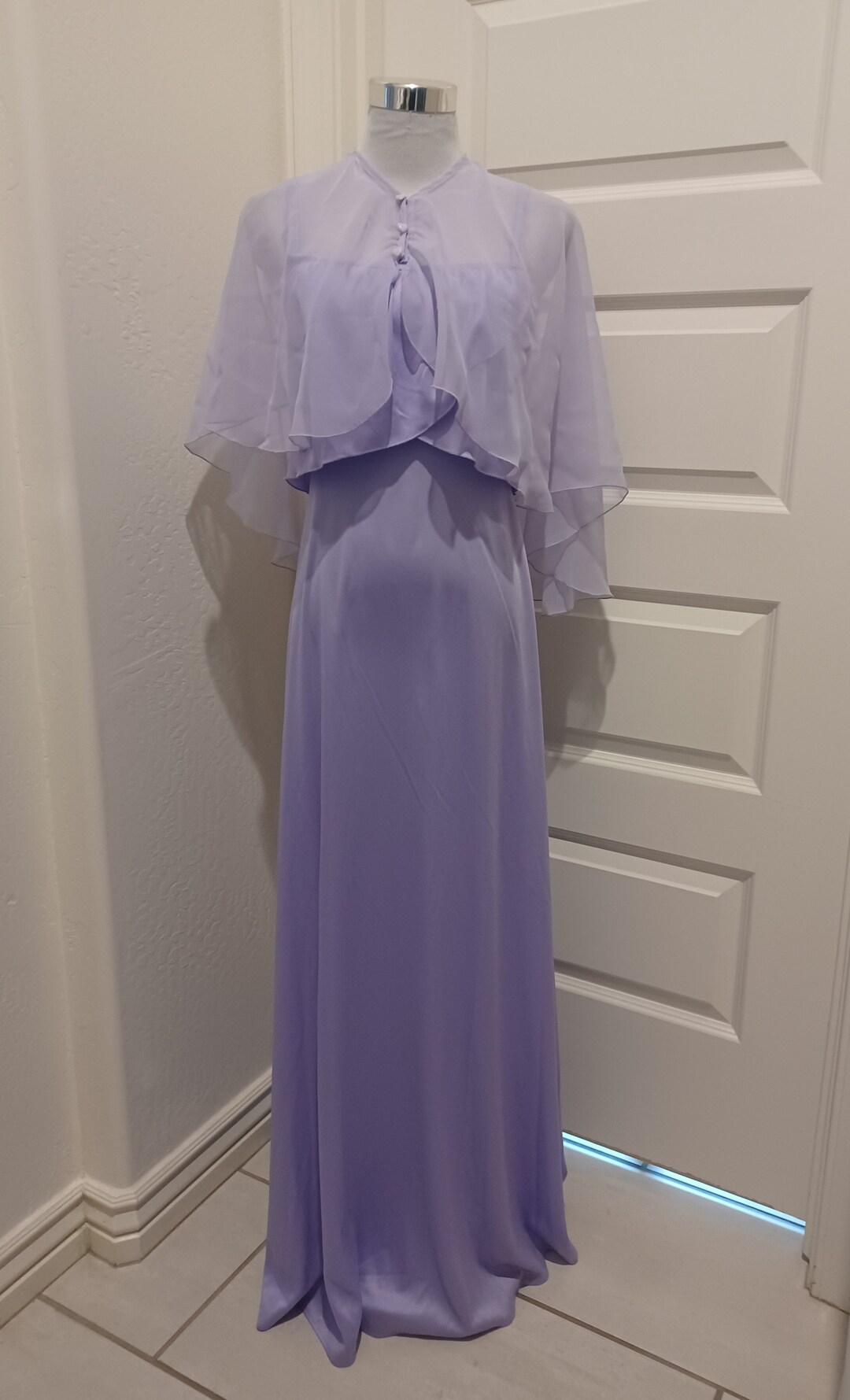 70s JC Penney Lavender Poly Flutter Layered Bust Empire Waist Maxi Dress With Sheer Lavender