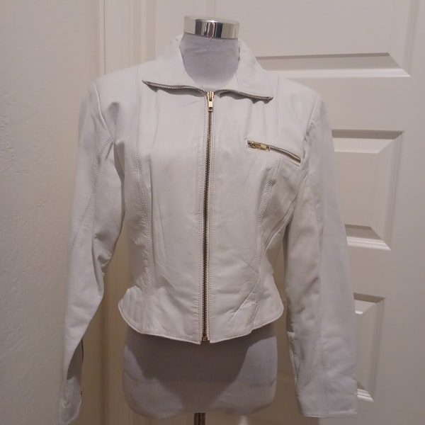 Vintage Avon Fashions White Leather Zip Front Zippered Sleeve Crop Moto Rock Glam Jacket Sz M