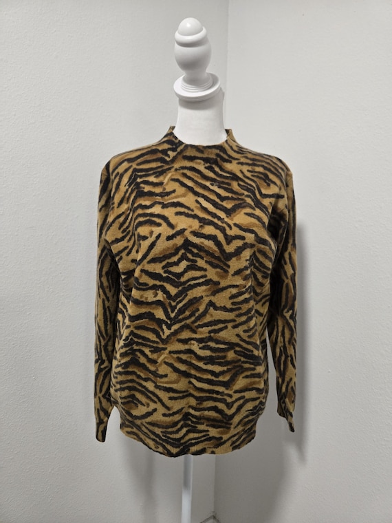 Pierre Cardin, 90s Pierre Cardin Tiger Animal Print Lambswool Blend Pullover Sweater-Glam/New Age