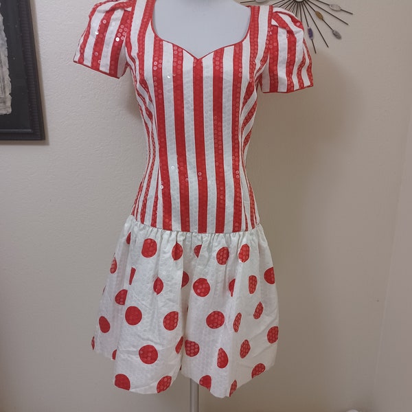 1980s Morton Myles for the Warrens Red/White Stripes & Polka Dot Cotton covered in Clear Sequins Drop Skirt Puff Sleeve Dress