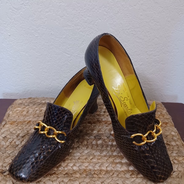 1960s Fashions From Italy by Di Scarla Brown Genuine Cobra Skin Gold Chain Trim Heels