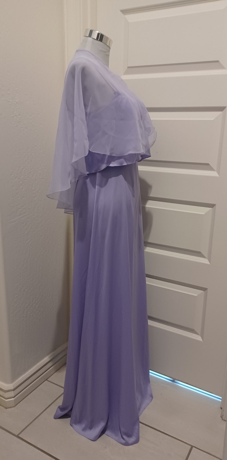 70s JC Penney Lavender Poly Flutter Layered Bust Empire Waist Maxi Dress With Sheer Lavender