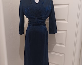 60s A Caro Creation Blue/Black Metallic Knit Softly Pleated Bodice Sheath Cocktail Dress sz 38