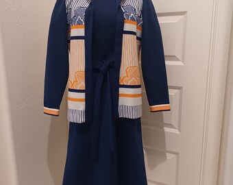 70s Sears Mod Navy Blue Poly Knit with Orange/Blue Stripe Pattern Jacket with Matching Belted Shift Dress