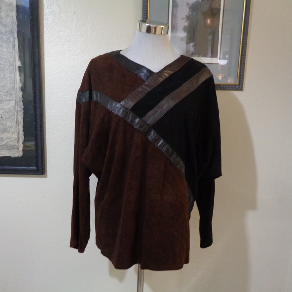 Vintage Lillie Rubin Asymmetric Chocolate Brown & Black Suede/Leather Dolman Sleeve Top Sz M