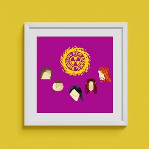 Peut inclure: Un fond violet avec un cercle jaune contenant le texte "Ned's Atomic Dumpling" et un symbole de radiation. Il y a cinq têtes de personnages de dessin animé avec des coiffures différentes autour du cercle.