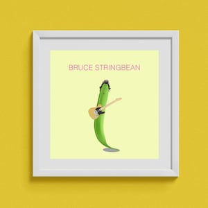 May include: A green string bean with a face and hair playing a yellow guitar. The text "BRUCE STRINGBEAN" is above the bean.
