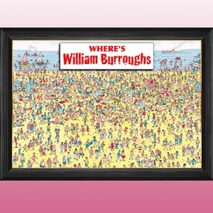 May include: A framed print of a "Where's Waldo" style illustration with the title "Where's William Burroughs". The image features a crowded beach scene with many people in colorful clothing.