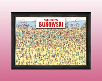 Peut inclure: Impression encadrée d'une scène de plage animée avec le texte "WHERE'S BUKOWSKI" en rouge. L'image présente de nombreuses personnes, des parasols et des bateaux, le tout dans un cadre noir.