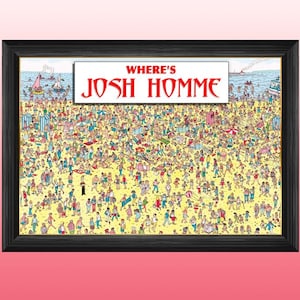 May include: A framed print of a "Where's Waldo" style illustration with the text "Where's Josh Homme" at the top. The illustration features a beach scene with many people in colorful clothing.