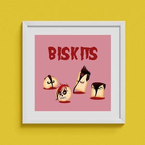 Könnte beinhalten: Ein rosa Hintergrund mit dem Wort "BISKITS" in roten Buchstaben. Es gibt vier Cartoon-Kekse mit Gesichtern, jeder mit einer anderen Frisur.
