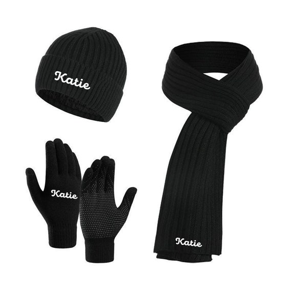 Elegant Black Knit Hat and Gloves Set Woman Winter Hat Fleece Lined Neck Warmer Scarf and Gloves  main image 3