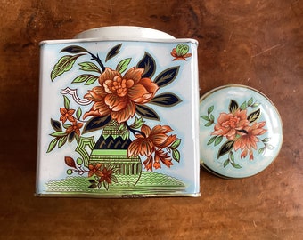 Vintage Chinoiserie-style Candy Tin from England / Light Blue Background with Orange Flowers