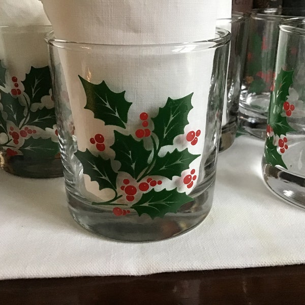 Vintage Indiana Glass Barware / Christmas Holly / Set of Six 8 oz Glasses and Matching Ice Bowl