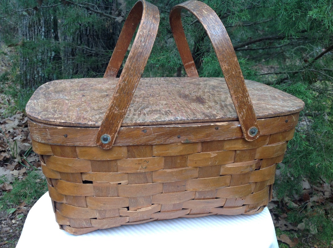 Vintage Picnic Basket With Wood Top Etsy