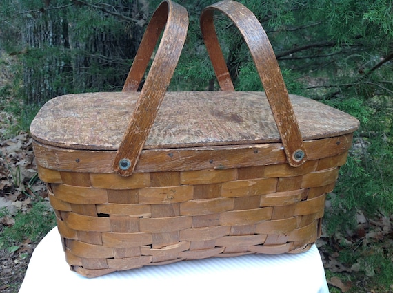 Vintage Picnic Basket with Wood Top
