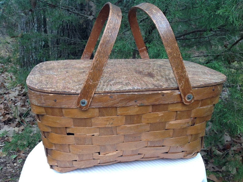 Vintage Picnic Basket with Wood Top