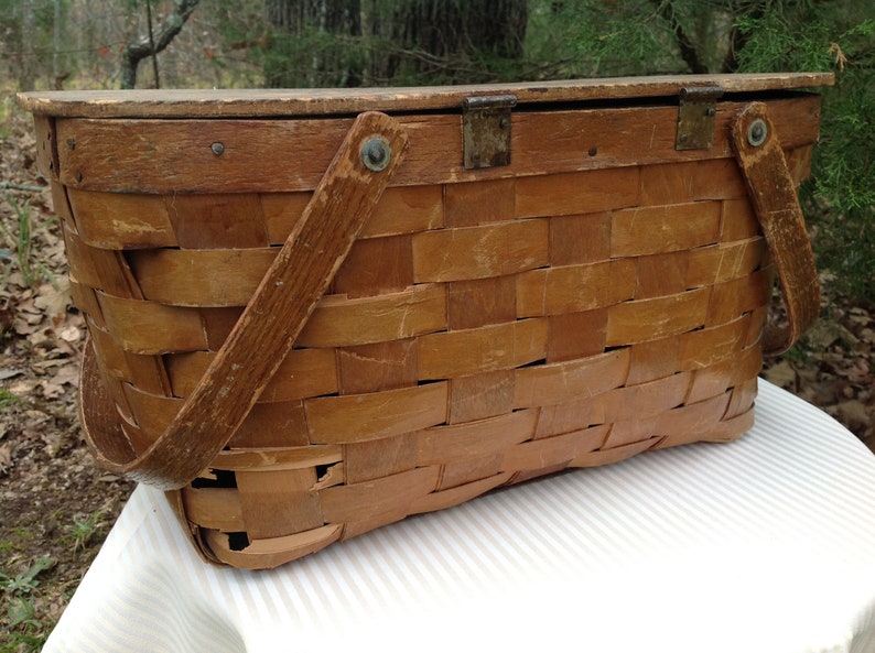 Vintage Picnic Basket with Wood Top