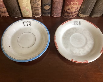 Pair Vintage French Bistro Saucers / Tip Plates Absinthe Plates / Old and Worn