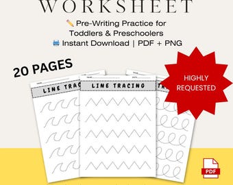 May include: White line tracing worksheet for toddlers and preschoolers. The worksheet includes wavy, zigzag, and looped line patterns. The text on the worksheet says "Line Tracing Worksheet" and "20 Pages".