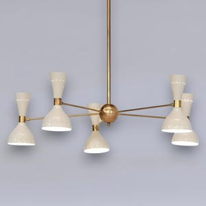 Mid Century Modern 5 Arm Sputnik Chandelier | Brass & White Cone Pendant Light | Italian Style Ceiling Fixture | Vintage Inspired Lighting
