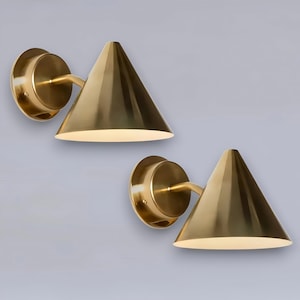 Pair of &#39;Mini-Tratten&#39; Handcrafted Polished Brass Outdoor Wall Sconces – Mid-Century Modern Cone Lamps, Exterior Lighting