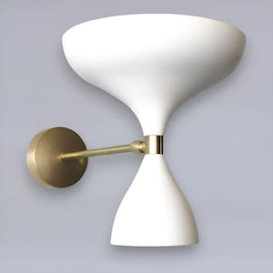 Italian Stilnovo Style Double Cone Wall Sconce – Mid-Century Modern Brass & White Light Fixture, Scandinavian Vintage Wall Lamp