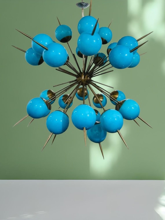 Mid Century Modern Sputnik Chandelier – Brass Murano Blue Glass
