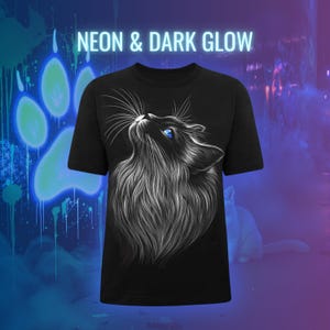 Black Cat Shirt with Glowing Blue Eyes Mystical Long-Haired Kitten Tee | Fantasy Gothic T-Shirt for Cat Lovers | Unisex Gift Idea| nice cats