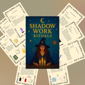 May include: An image of a book titled "Shadow Work Rituals" with an illustration of a woman in a witch hat and candles. Several pages with handwritten text and decorative borders surround the book, resembling a guide or workbook.
