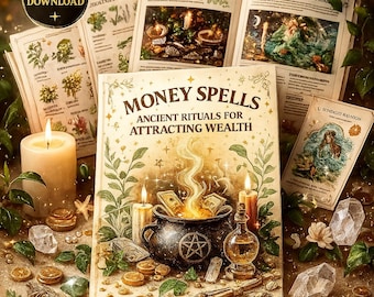 May include: An illustrated book titled "Money Spells: Ancient Rituals for Attracting Wealth" with a pentagram cauldron, candles, and coins. The image includes the text "Instant Download" and "Best-Selling Spellbook".