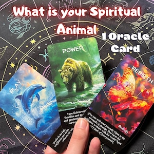 May include: An oracle card reading with three cards: "Play" with a dolphin, "Power" with a bear, and "Rebirth" with a butterfly. The cards are on a black background with the text "What is your Spiritual Animal 1 Oracle Card".