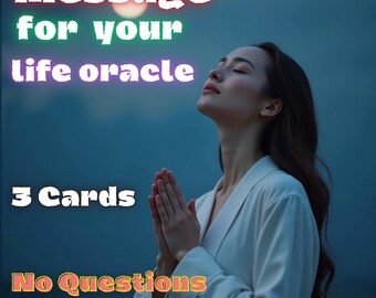 Può includere: L'immagine presenta il testo: "Message for your life oracle, 3 Cards, No Questions, IN-DEPTH - SAME HOUR." Una donna con gli occhi chiusi e le mani giunte è centrata davanti a uno sfondo blu. Il testo è in vari colori e caratteri.
