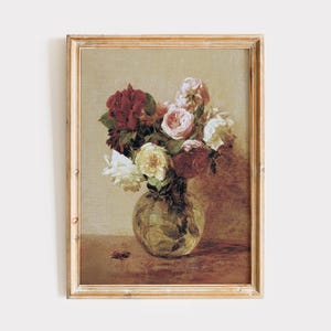 Impresión de arte vintage de rosas, pintura de naturaleza muerta floral antigua, arte de pared botánico, póster de jarrón de flores rústicas, decoración clásica del hogar, regalo para ella
