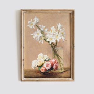 Impresión artística de lirio y rosa, pintura de naturaleza muerta floral vintage, arte de pared botánico antiguo, póster de jarrón de flores rústicas, decoración clásica del hogar