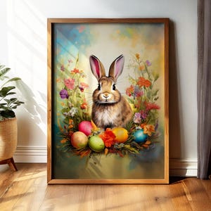 Impression d&#39;art Lapin de Pâques Lapin printanier avec oeufs colorés Bouquet de fleurs Art mural imprimable Illustration animal mignon pour chambre d&#39;enfant