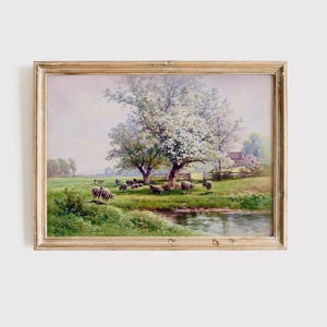 Pastoral Spring Landscape Art Print | Vintage Sheep in Meadow Scene | Farmhouse Decor | Digital Wall Art | Instant Download