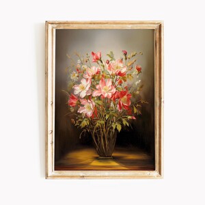 Vintage Floral Art Print: Pink Flowers in Vase, Cottagecore Decor (Digital Download)
