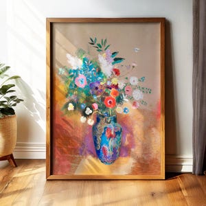 Impresión de arte floral vintage, pintura de jarrón de flores de colores, arte de pared de naturaleza muerta botánica, decoración antigua para el hogar, póster de arte clásico, regalo para ella