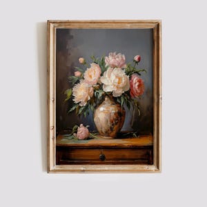 Vintage Peony Art Print Elegant Floral Still Life Pink Peonies in Vase Printable Wall Art for Home Decor Timeless Botanical Artwork